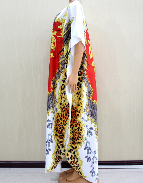 Leopard Print African Dress with Gold Ornaments and Half Sleeves